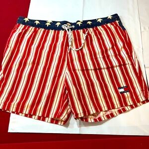 Tommy Hilfiger AMERICAN flag red striped Swim TRUNKS mesh lined men M preppy y2k